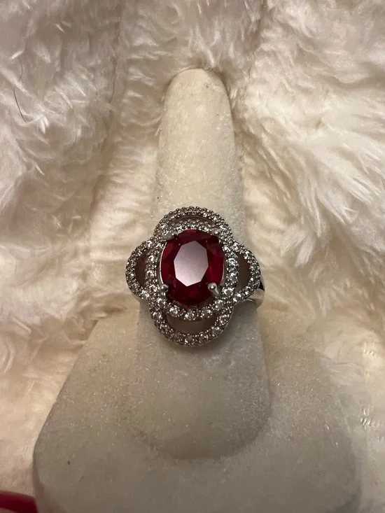 Silver Floral Halo Ring with Red Oval Gem - Picture 2 of 6